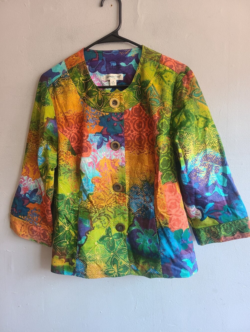 Womens large (14) colorful watercolor floral lined cotton jacket w/metal buttons